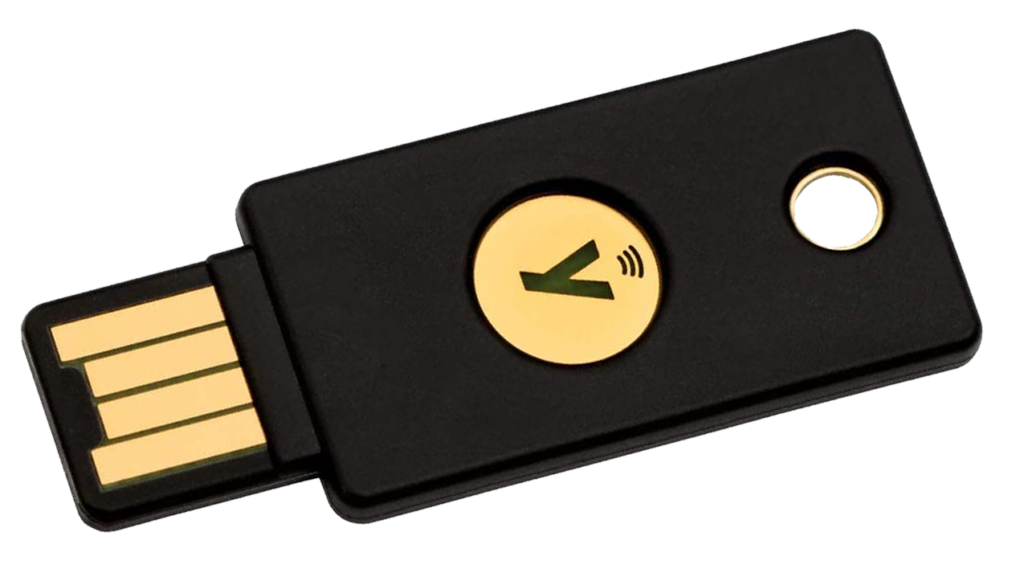 A black YubiKey 5 NFC hardware security key with a USB connector