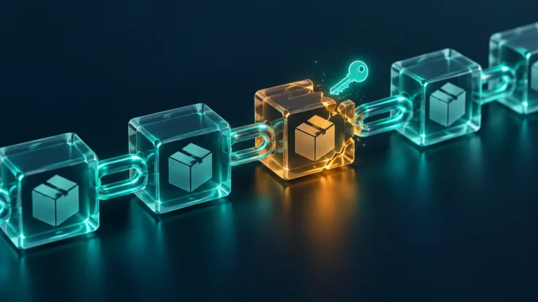 Illustration of linked software packages, a broken chain and a key representing a supply-chain compromise
