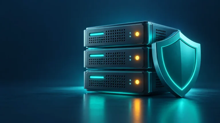 Illustration of a server protected by a shield, representing a PHP security update