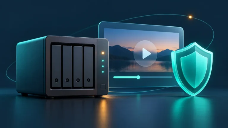 Illustration of a home media server with a video symbol and protective shield
